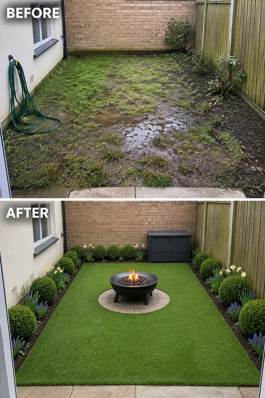 Before-and-after image of a muddy overgrown backyard changed into a neat lawn with planted borders and a central fire pit.