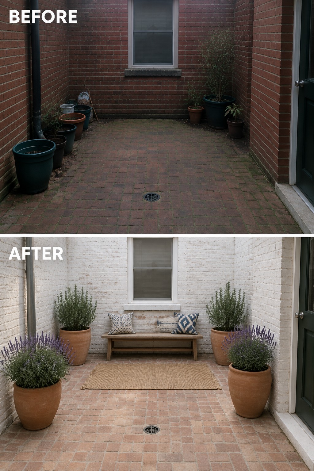 Before and after of brick patio makeover with plants, bench, and woven rug