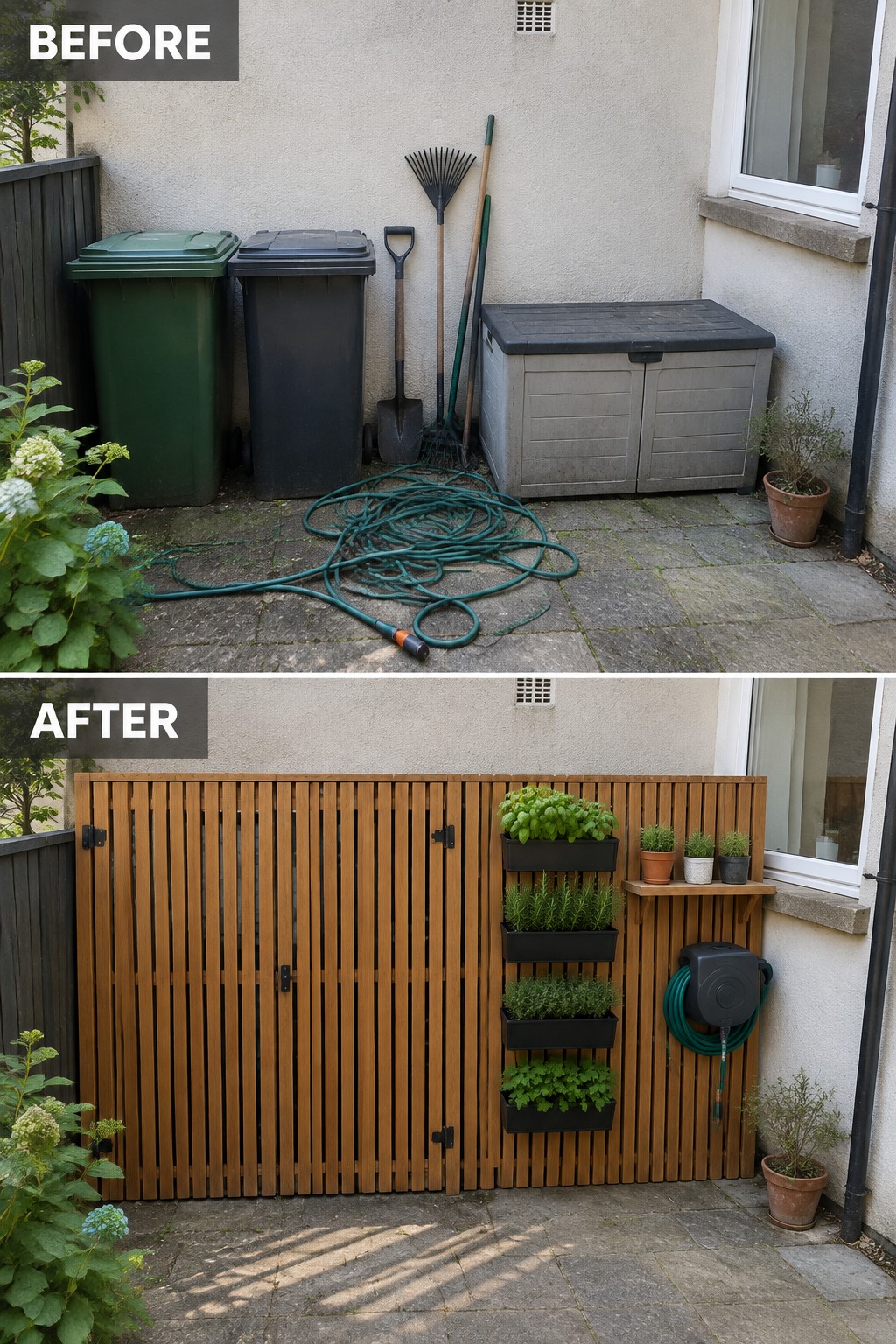 Before and after of cluttered patio transformed with wooden screen and vertical herb planters