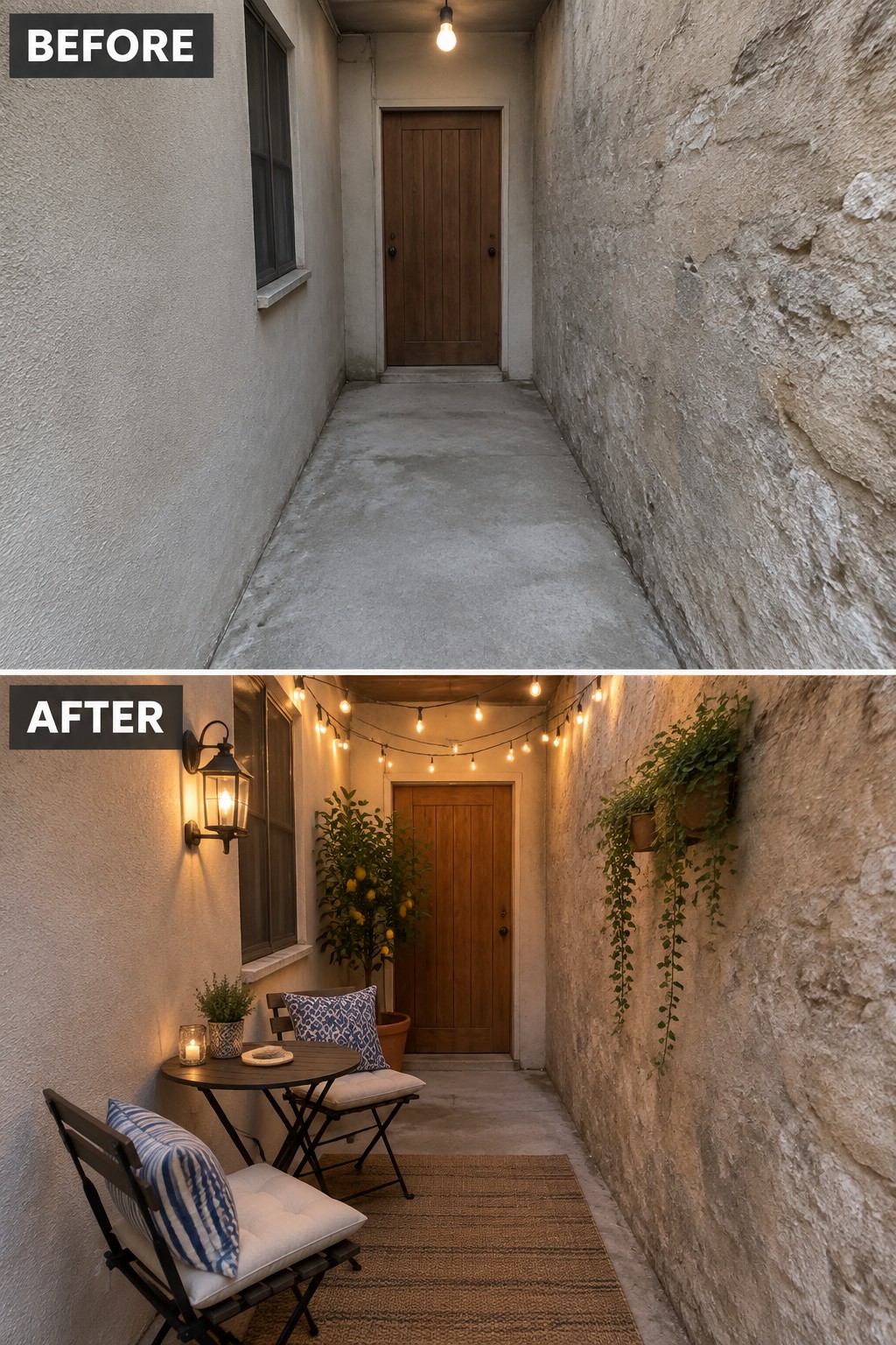Before-and-after views of narrow alley renovated with string lights, plants, and patio furniture.