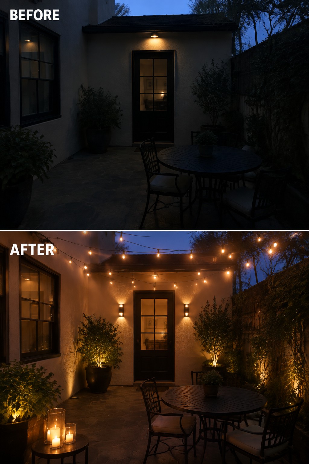 Before-and-after image of a courtyard patio updated with string lights, wall sconces, and plant lighting.