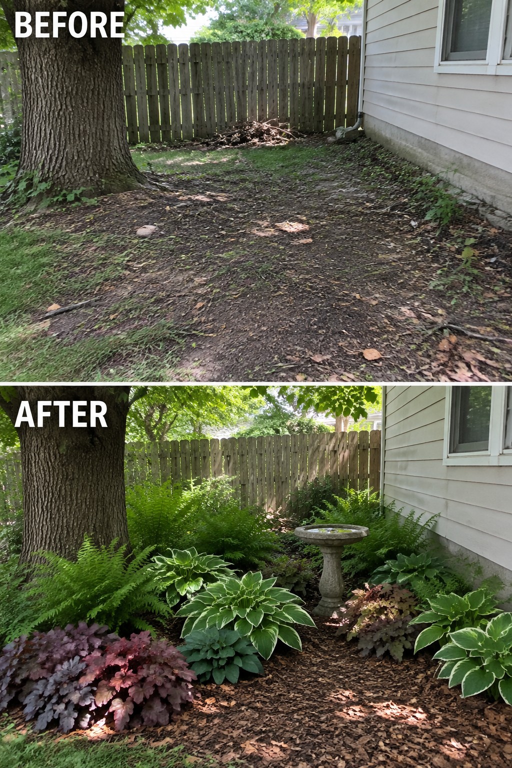Before and after backyard landscaping with ferns, hostas, and birdbath added.
