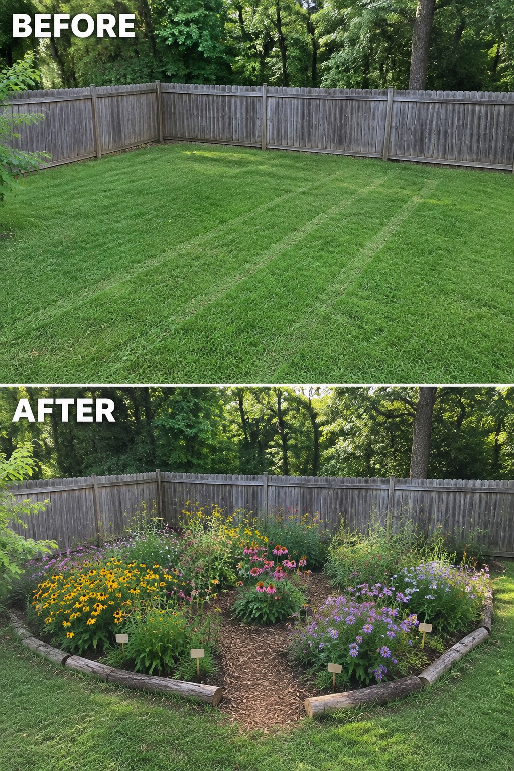 Before-and-after backyard: empty lawn above, vibrant flower garden with log borders below.