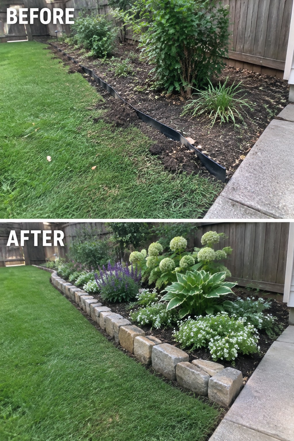 Before and after of a landscaped garden bed with stone edging and blooming flowers.