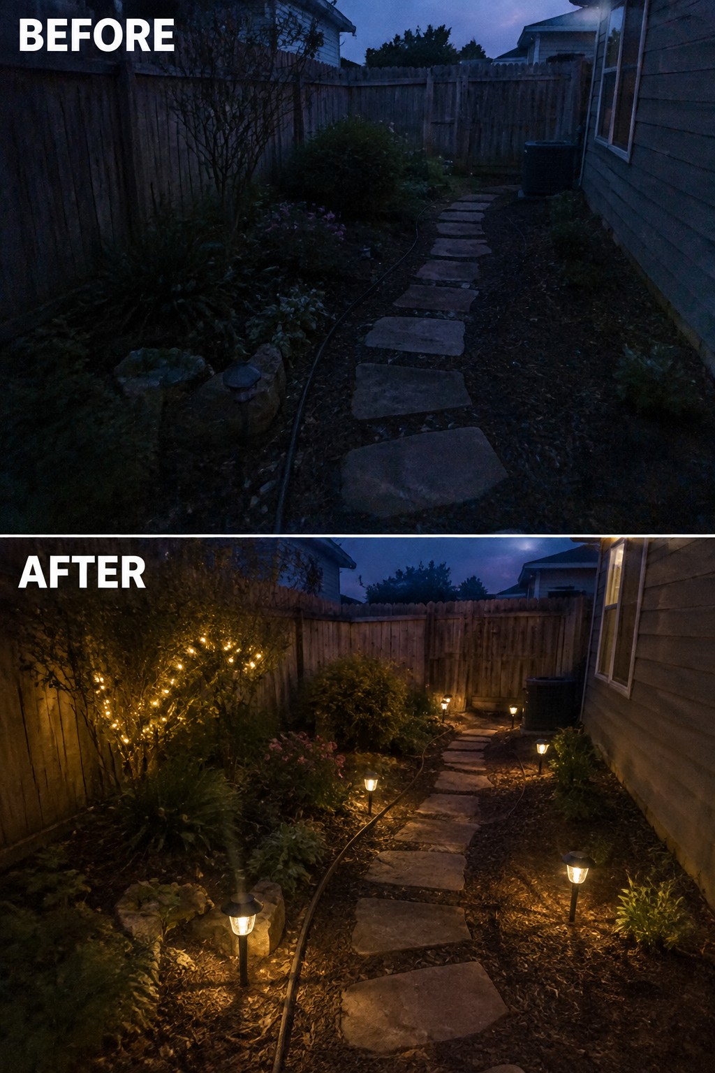 Before-and-after backyard at night: dark path transformed by string lights and glowing lamps.
