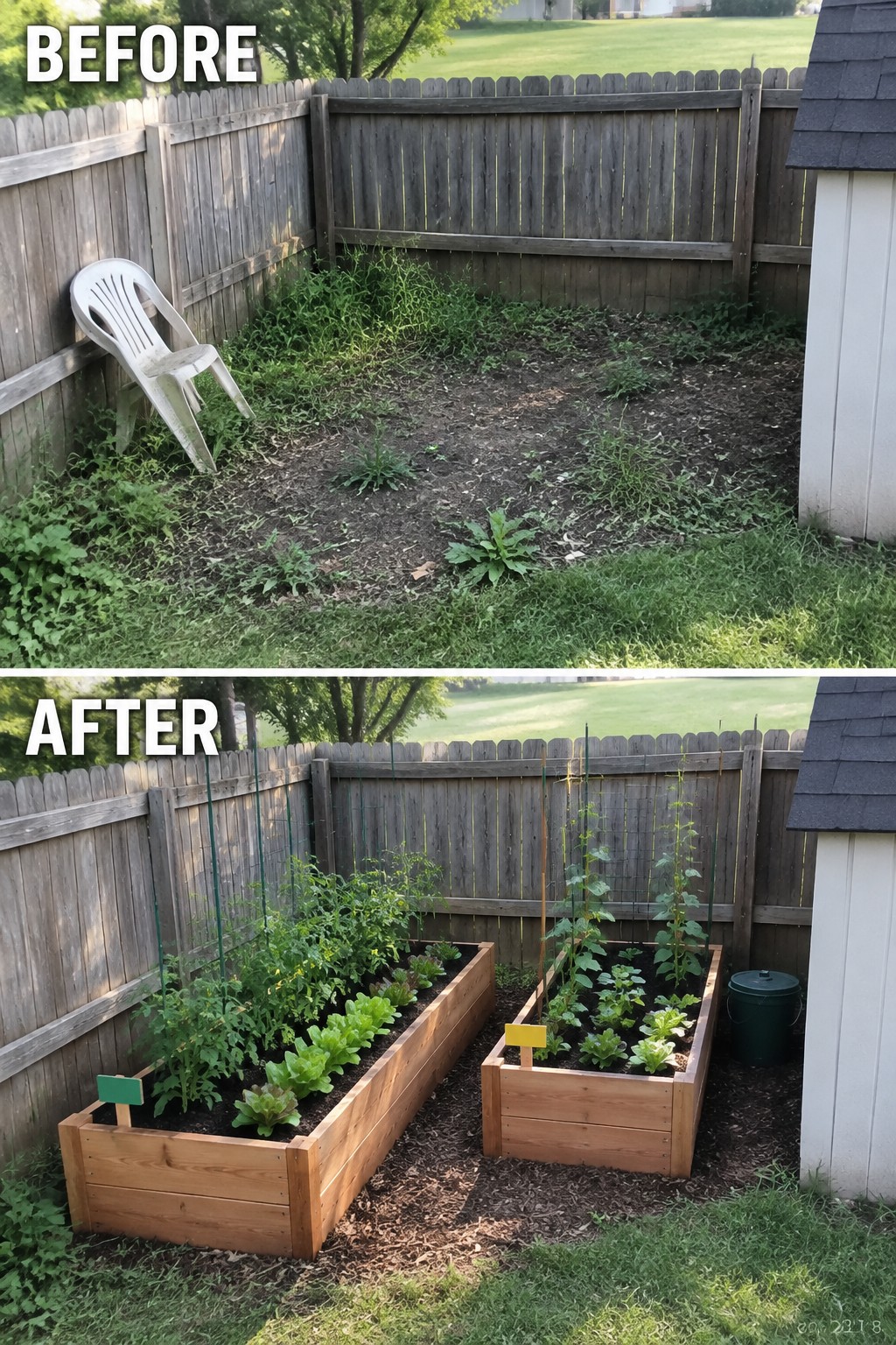 Before and after of weedy yard transformed into two raised garden beds.