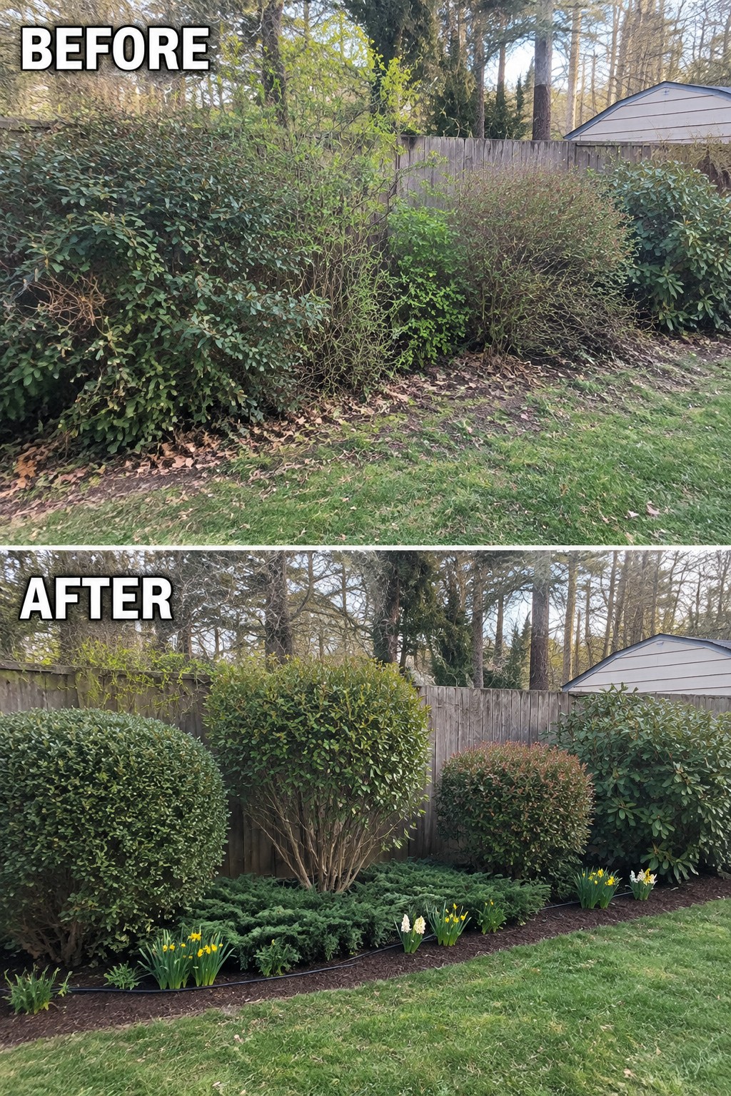 Before and after backyard with overgrown shrubs pruned and daffodils added
