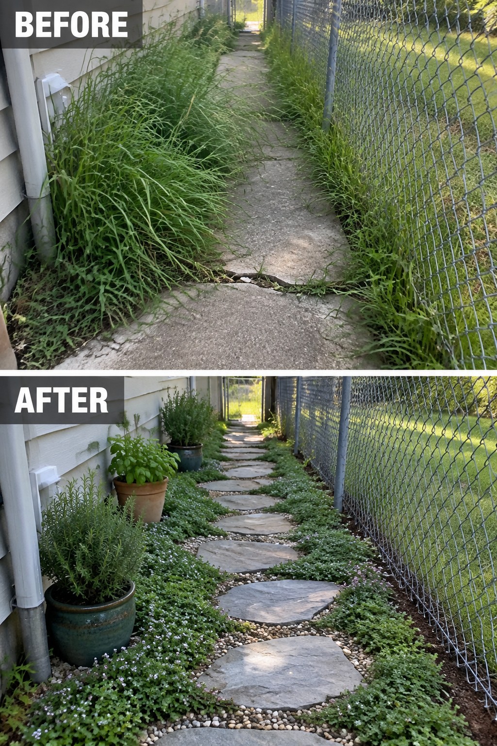 Before-and-after view of weedy concrete path transformed into stone walkway with plants.