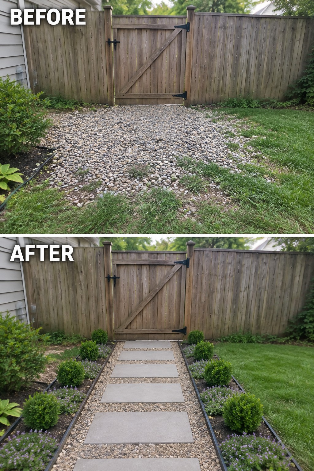 Before-and-after backyard gate: gravel path transformed into stone walkway lined with shrubs and flowers.