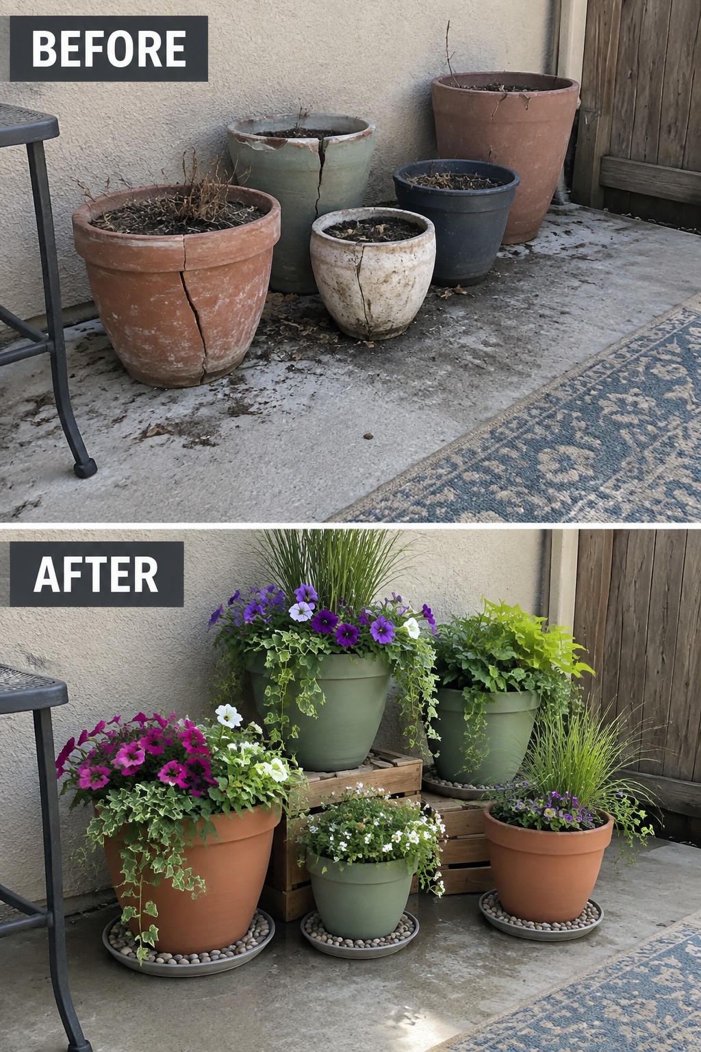 Before and after patio pots: cracked empties above, blooming flowers in arranged planters below.