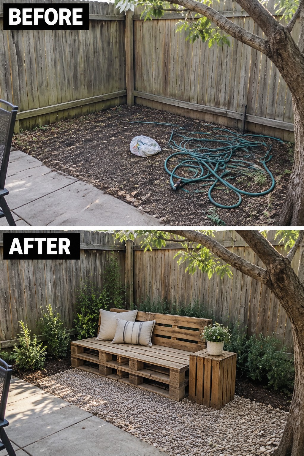 Before-and-after backyard: dirt patch transformed into pallet bench seating on gravel with plants.
