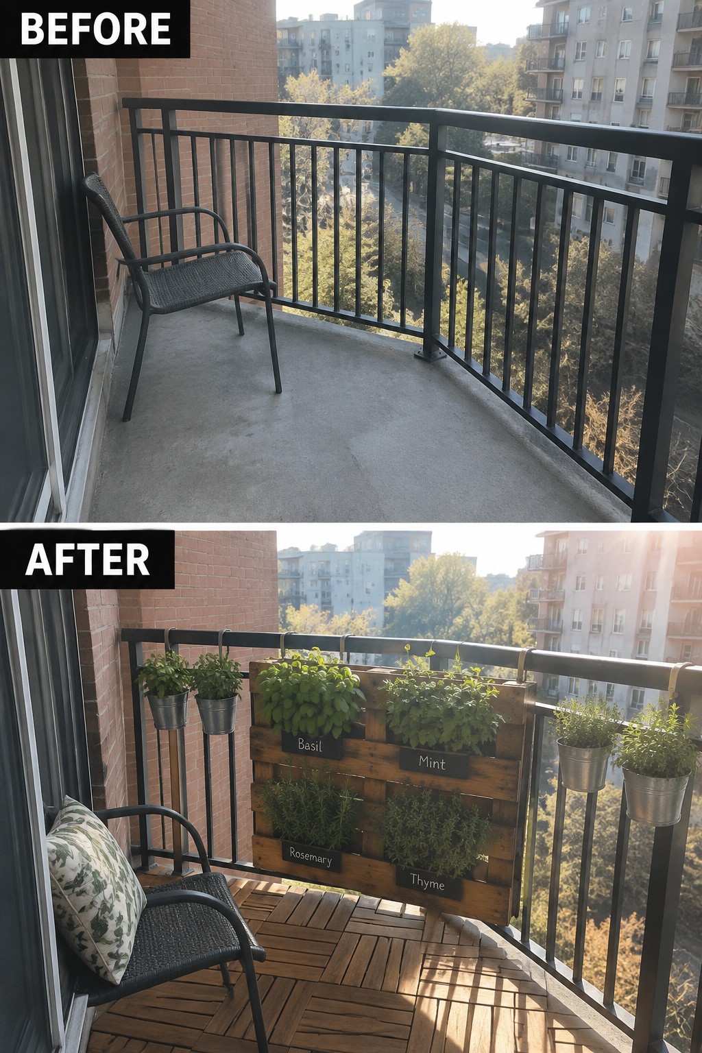 Balcony before and after with wooden herb garden planter and deck tiles