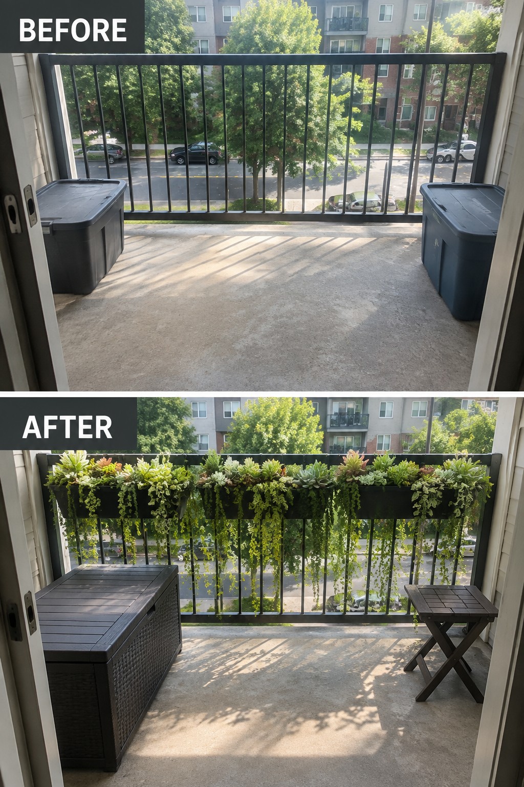 Before-and-after image of a bare balcony updated with a long railing planter of succulents plus a storage bench and small table.