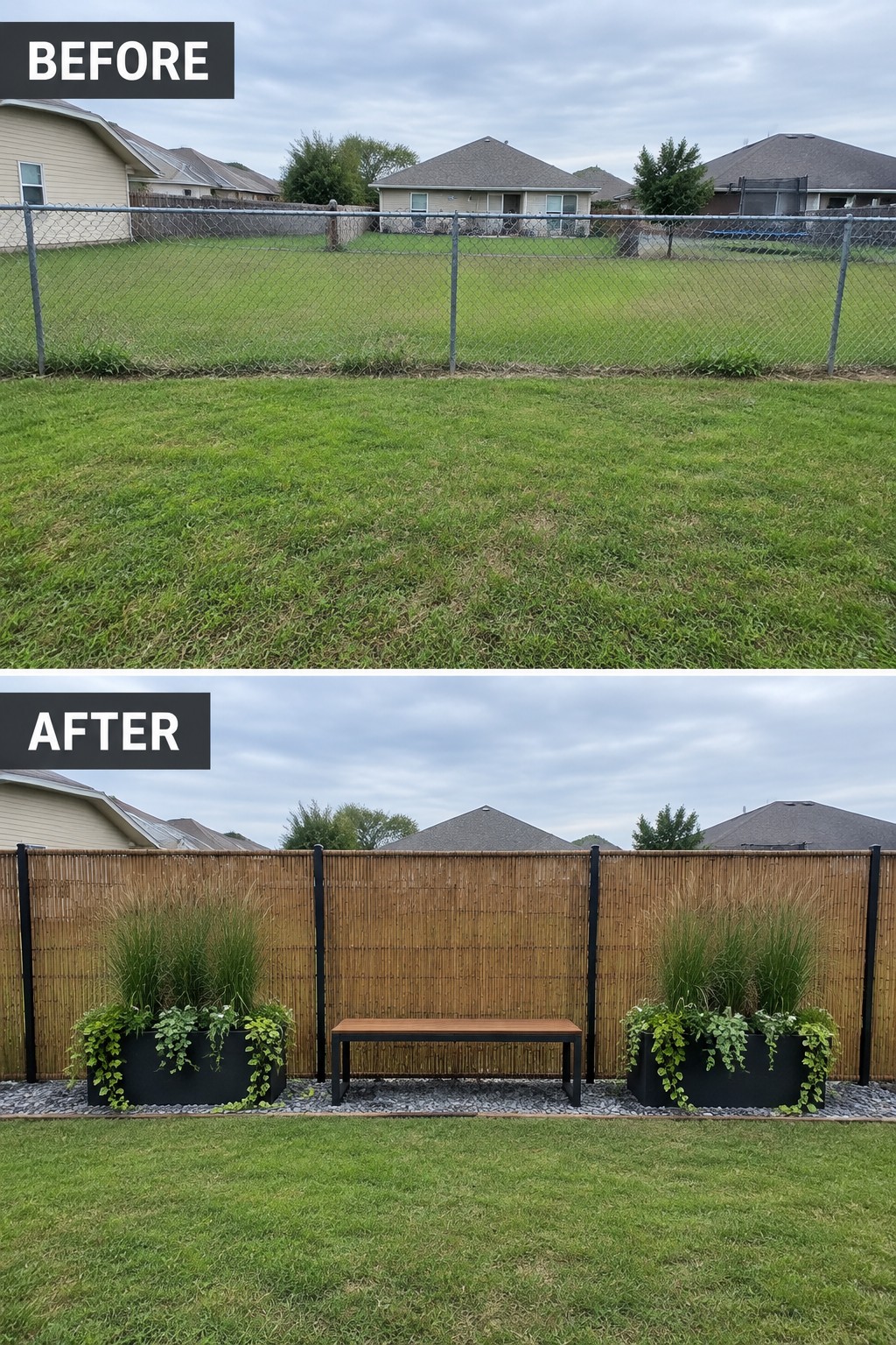Before and after backyard: chain-link fence replaced by bamboo fence, bench, and planters