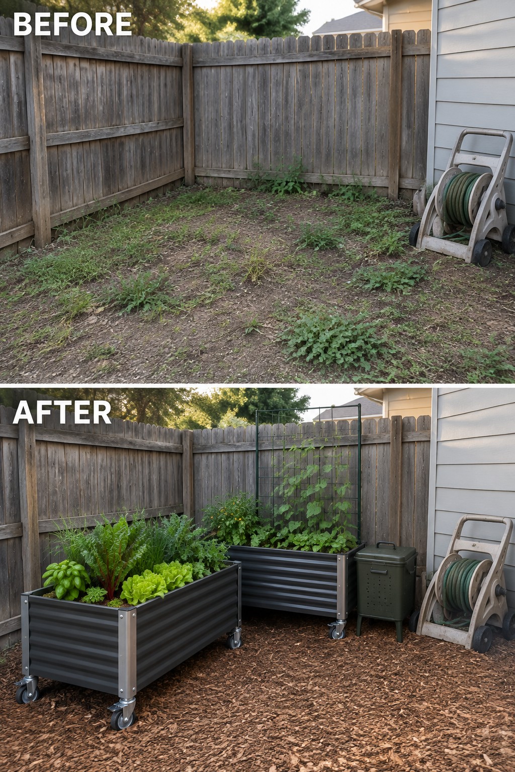 Before and after of backyard with raised garden beds and climbing plants on trellis.