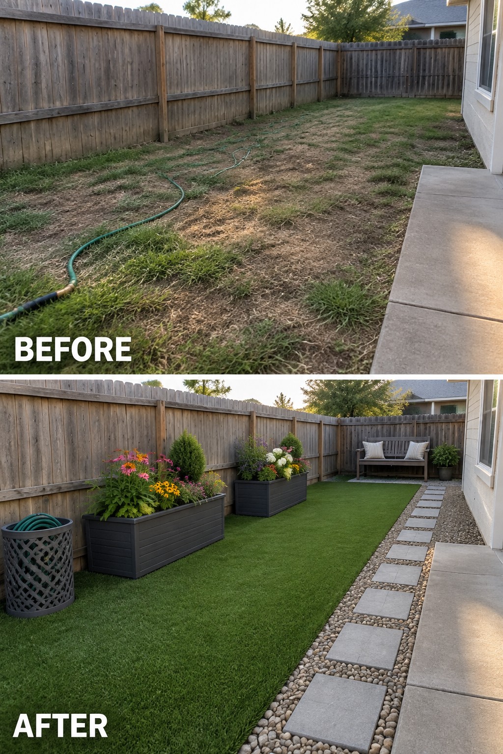 Before and after backyard: patchy lawn transformed into artificial turf with planters and stone path