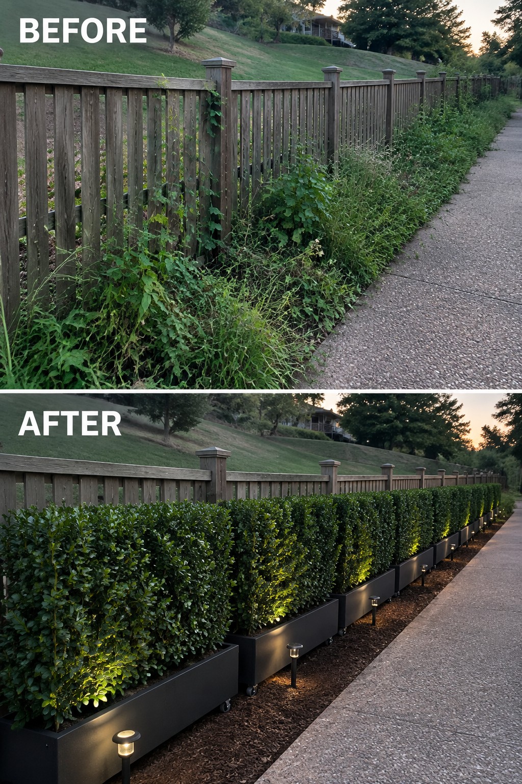 Before and after of weedy fence line transformed into lit boxwood planters.