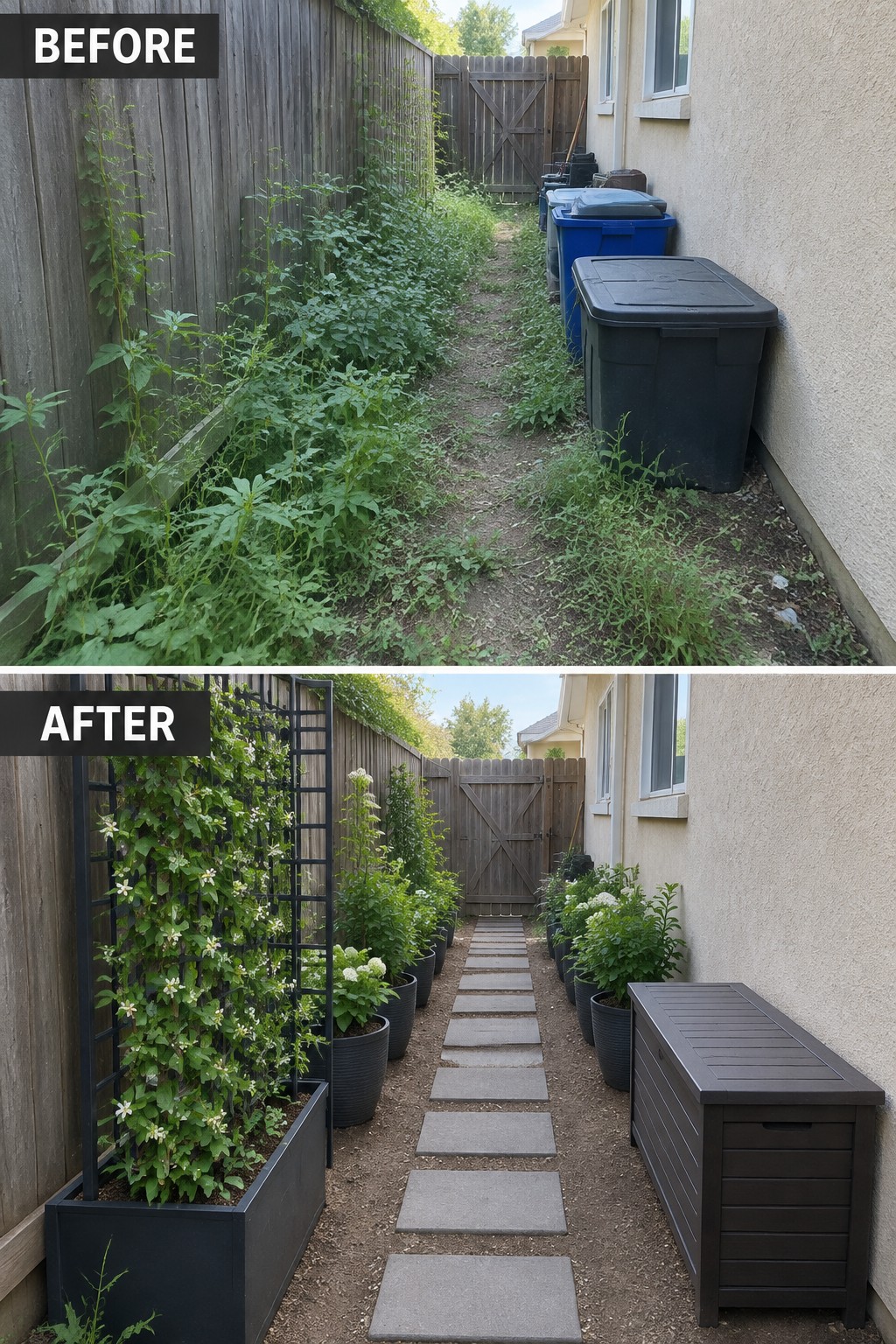 Before-and-after image of an overgrown side yard changed into a tidy space with a stone path, planters, and a vertical trellis.