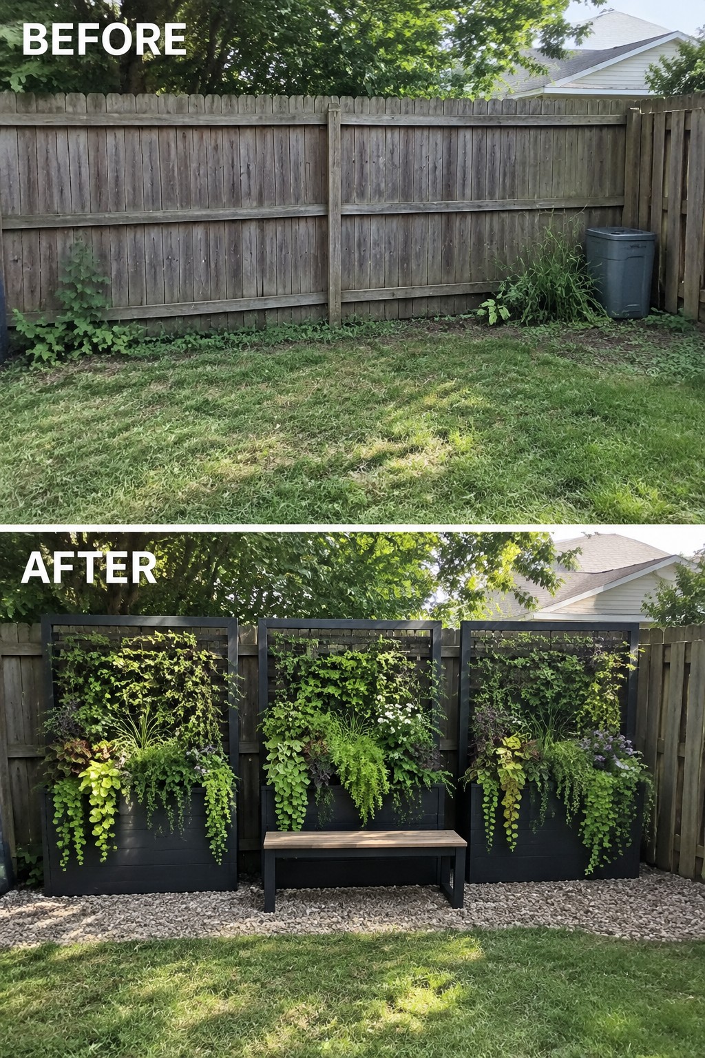 Before and after wooden fence with black vertical gardens, bench, and gravel base