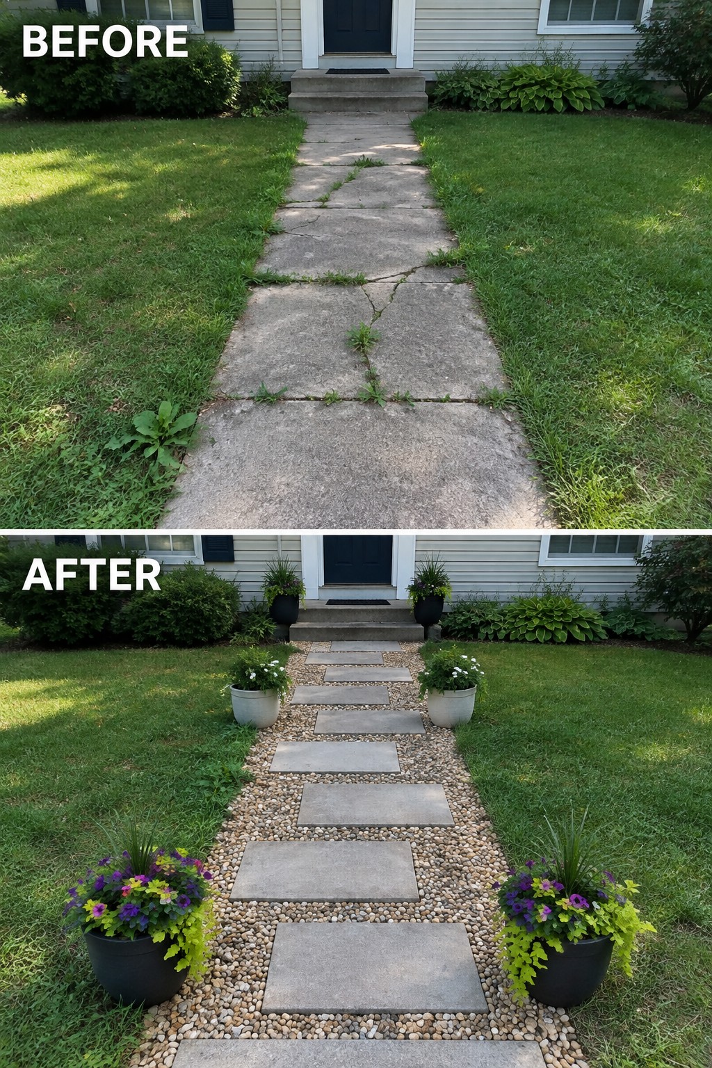 Before and after of cracked concrete walkway replaced by stone pavers and colorful potted plants