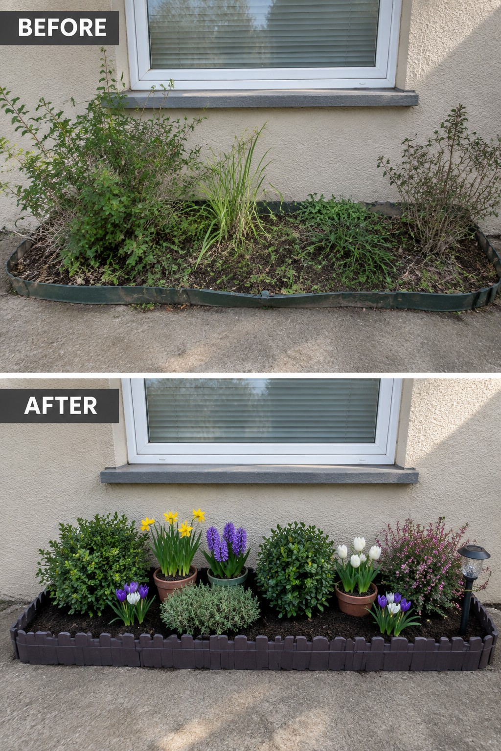 Before and after window garden bed: overgrown mess transformed into neat colorful flowers and border.