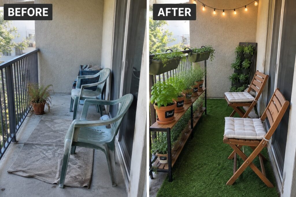 19 Easy Garden Makeover Ideas for Rental-Friendly Outdoor Spaces Balcony before and after: old plastic chairs replaced by wooden seats, plants, and string lights.