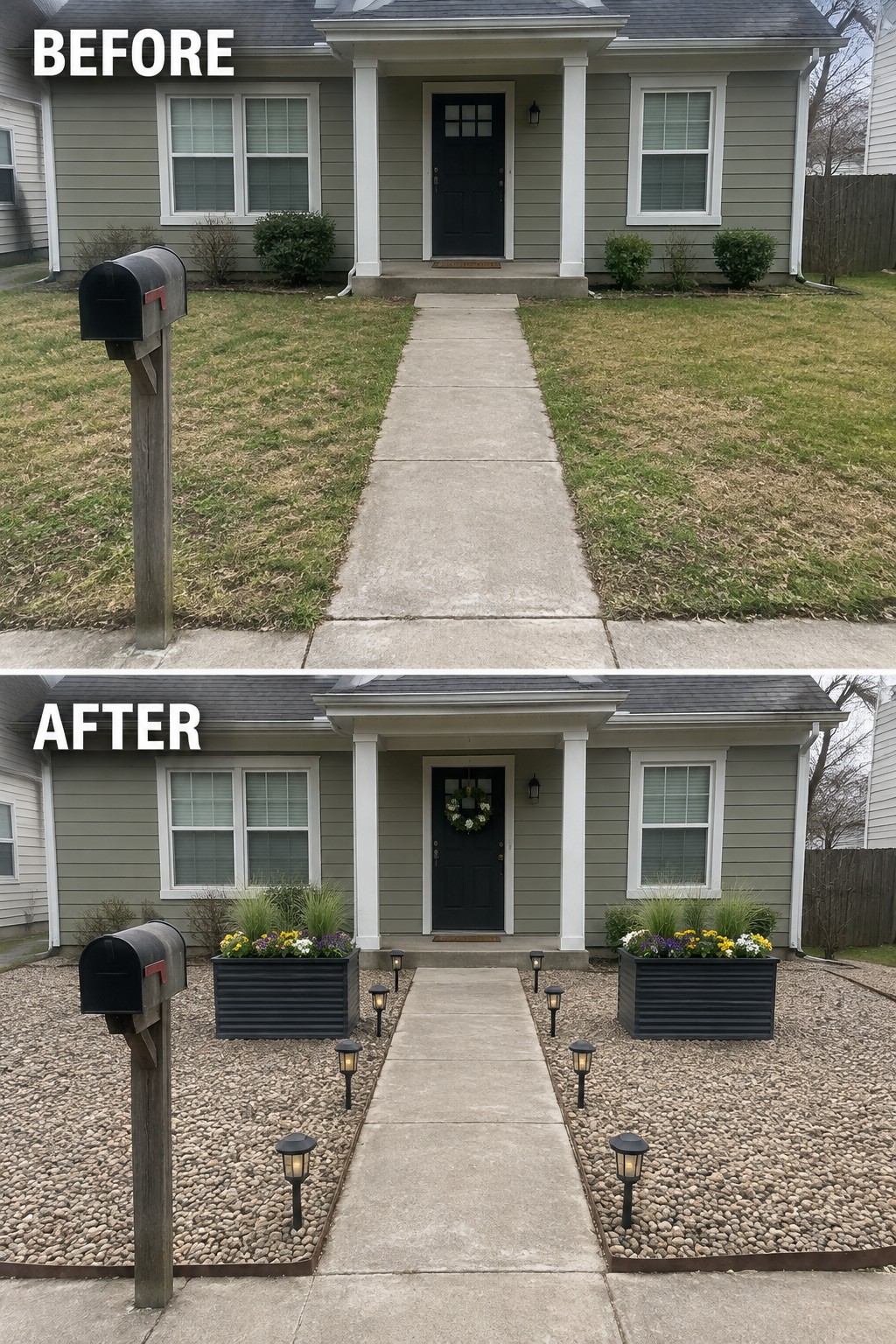 Before and after of gray house with grassy lawn replaced by gravel, planters, and lights.