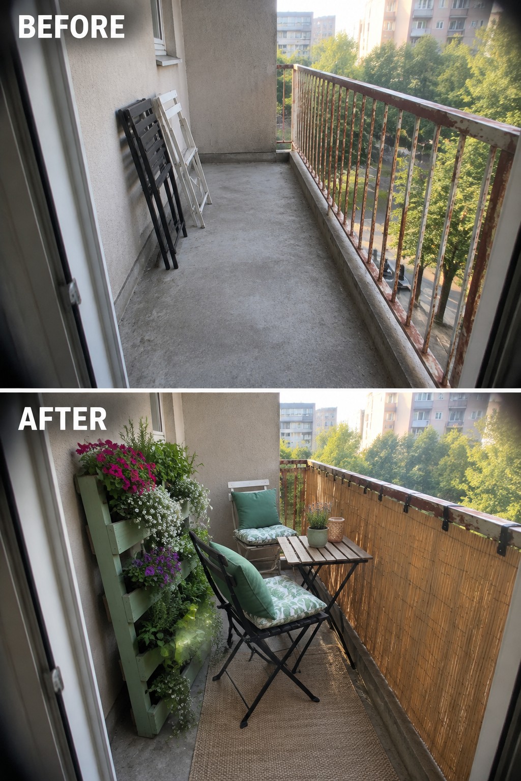 Balcony before and after with vertical garden, seating, table and bamboo screen.