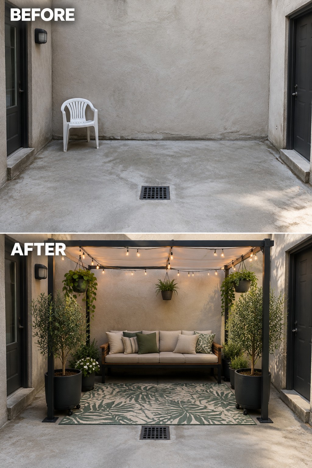 Before-and-after patio with empty concrete transformed into furnished lounge with lights and plants.