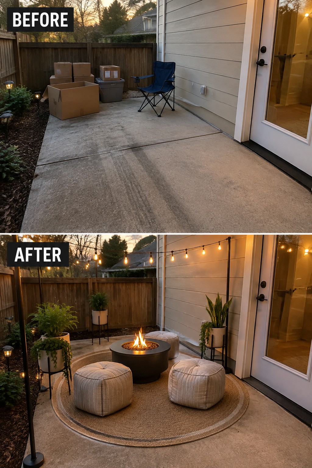 Before-and-after image of a plain concrete patio changed into an outdoor seating area with a rug, fire pit, and seating.