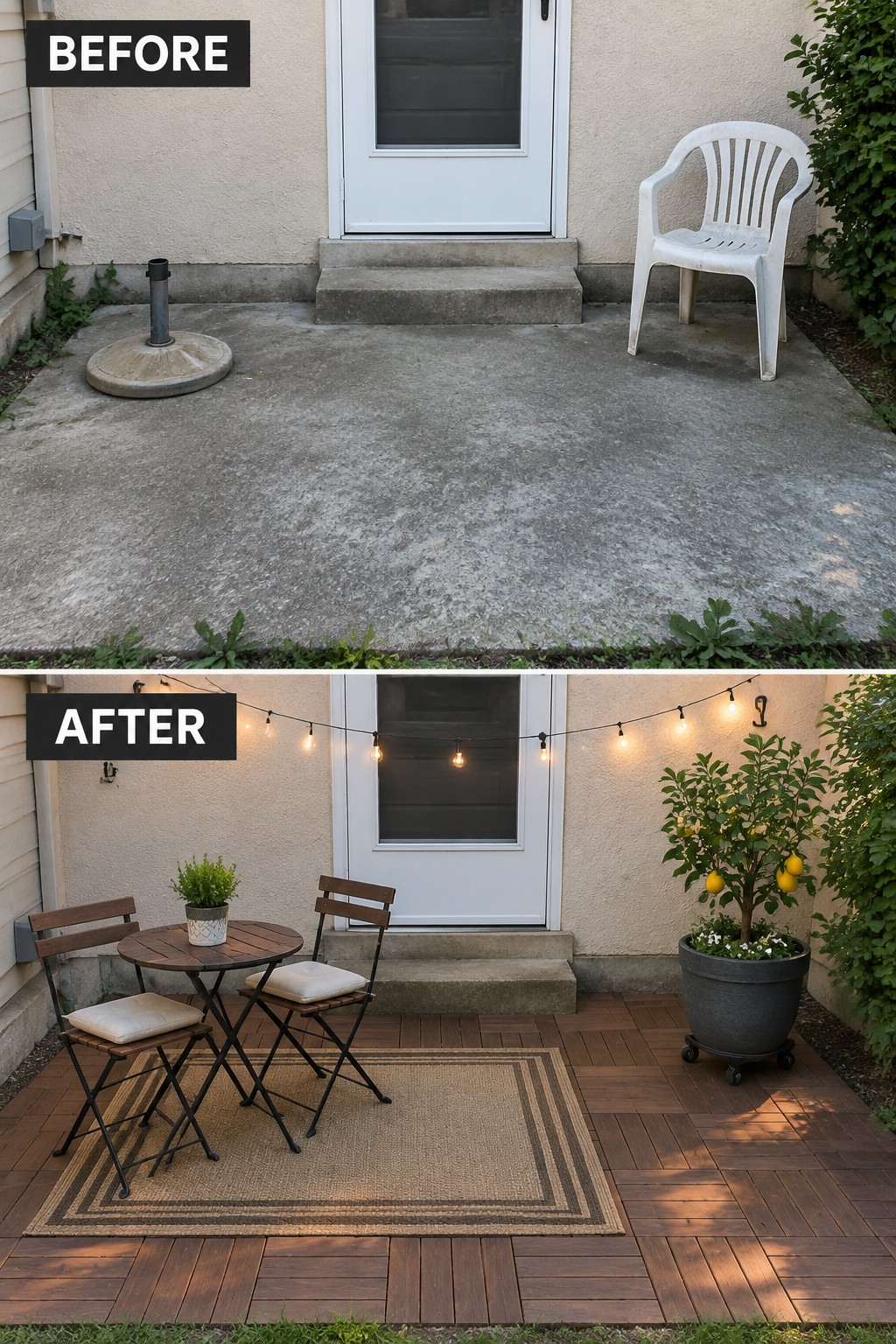 Before-and-after image of a plain concrete patio transformed into a wooden deck with a small seating area, rug, and string lights.