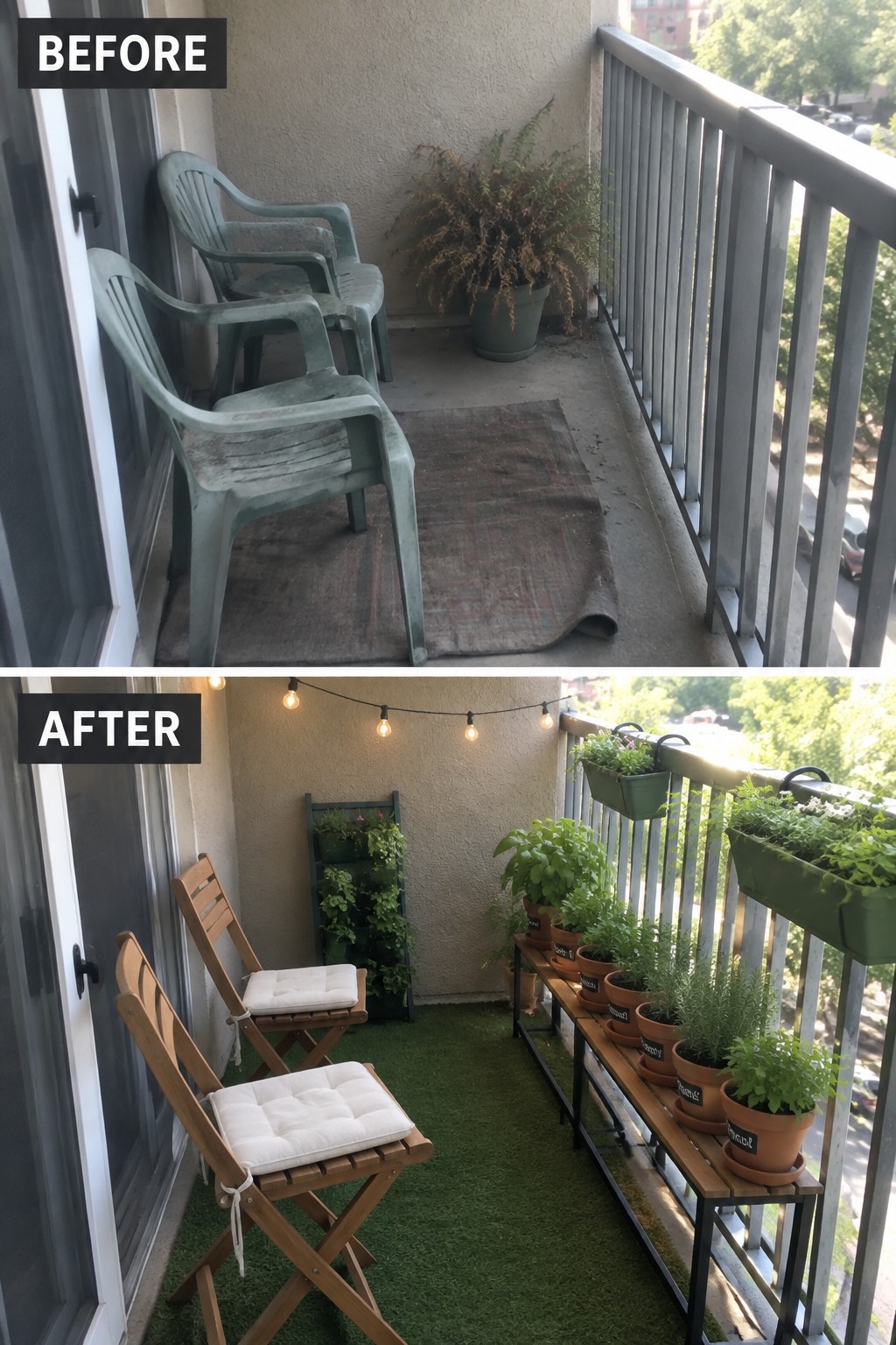 Balcony before and after: old plastic chairs replaced by wooden seats, plants, and string lights.