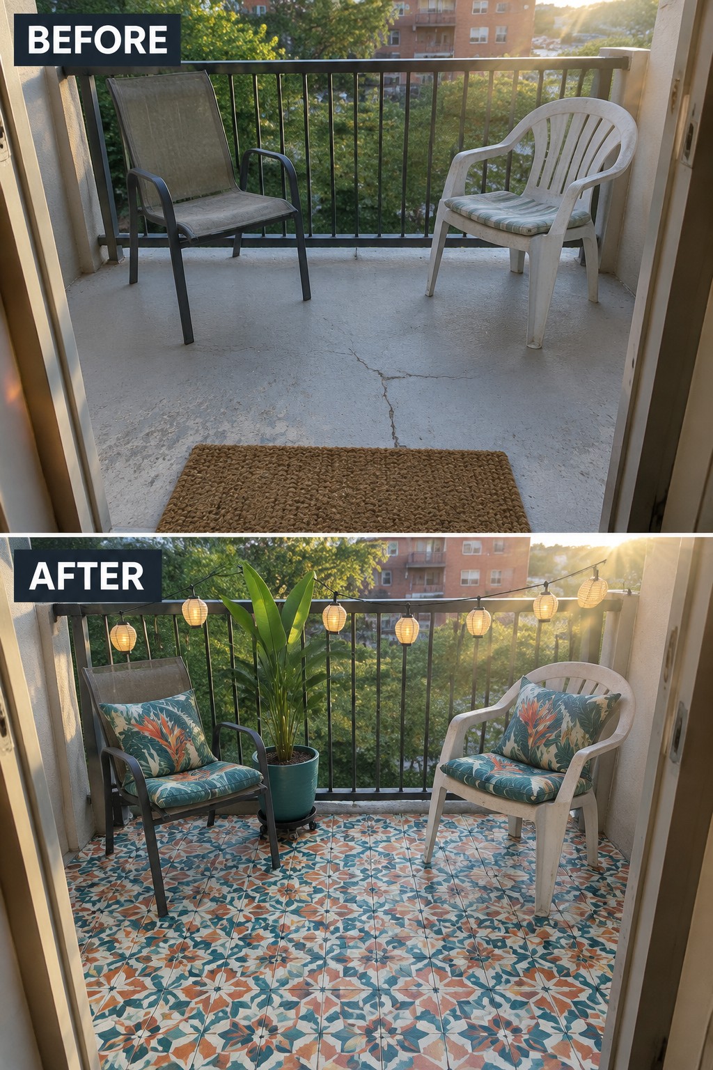 Before-and-after balcony with patterned tiles, string lights, plant, and cushions