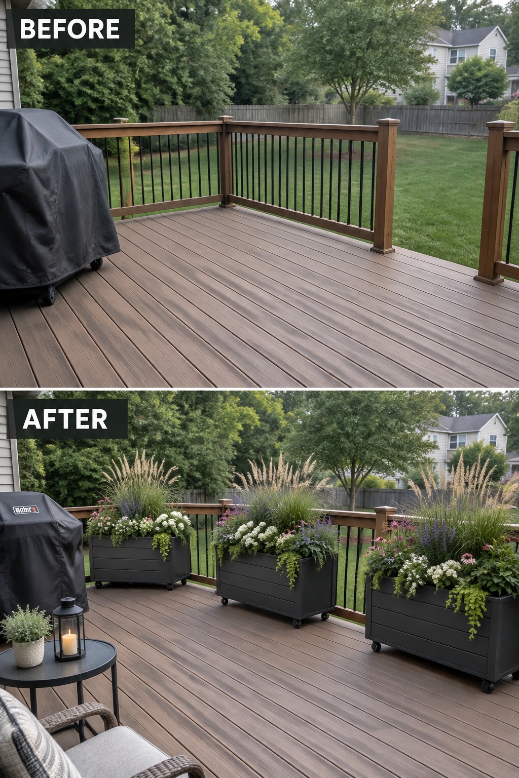 Before-and-after deck views with added gray rolling planters of colorful flowers