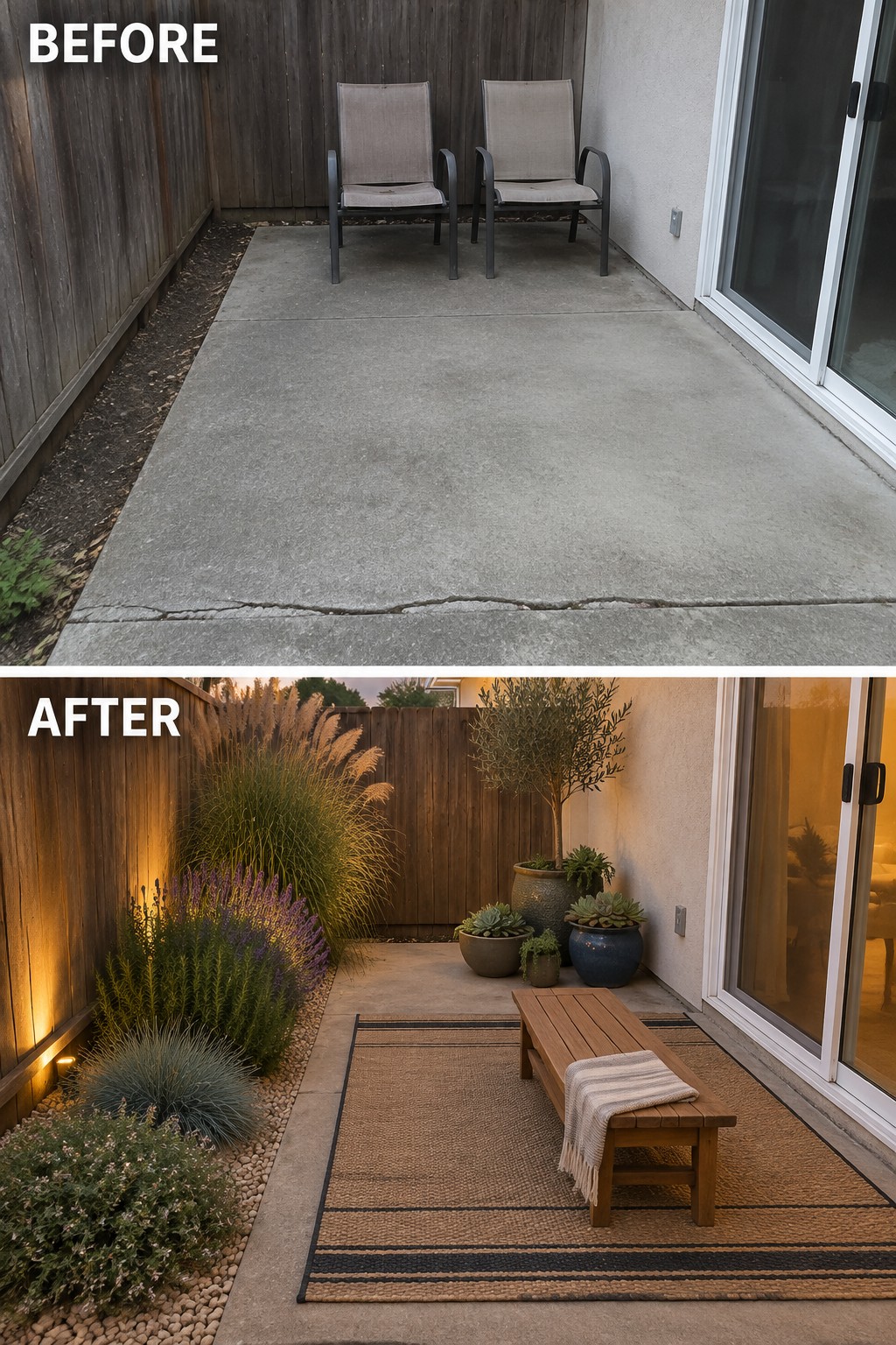 Before-and-after view of concrete patio transformed with plants, rug, bench and lighting.