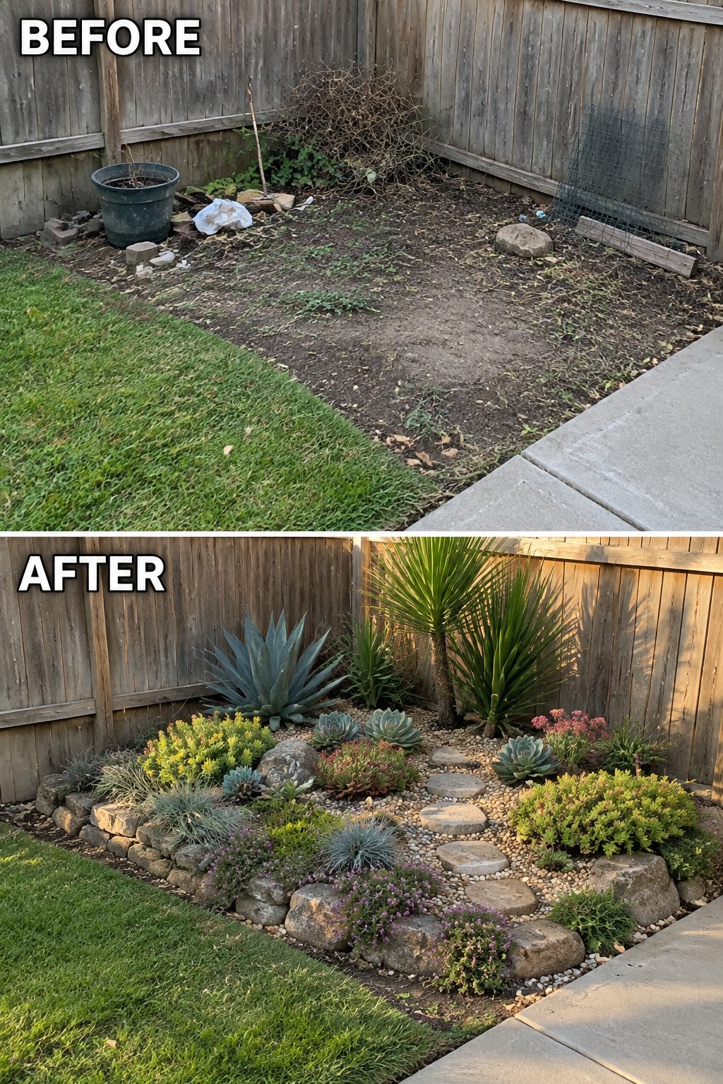 Before and after of backyard corner transformed into succulent rock garden with stepping stones