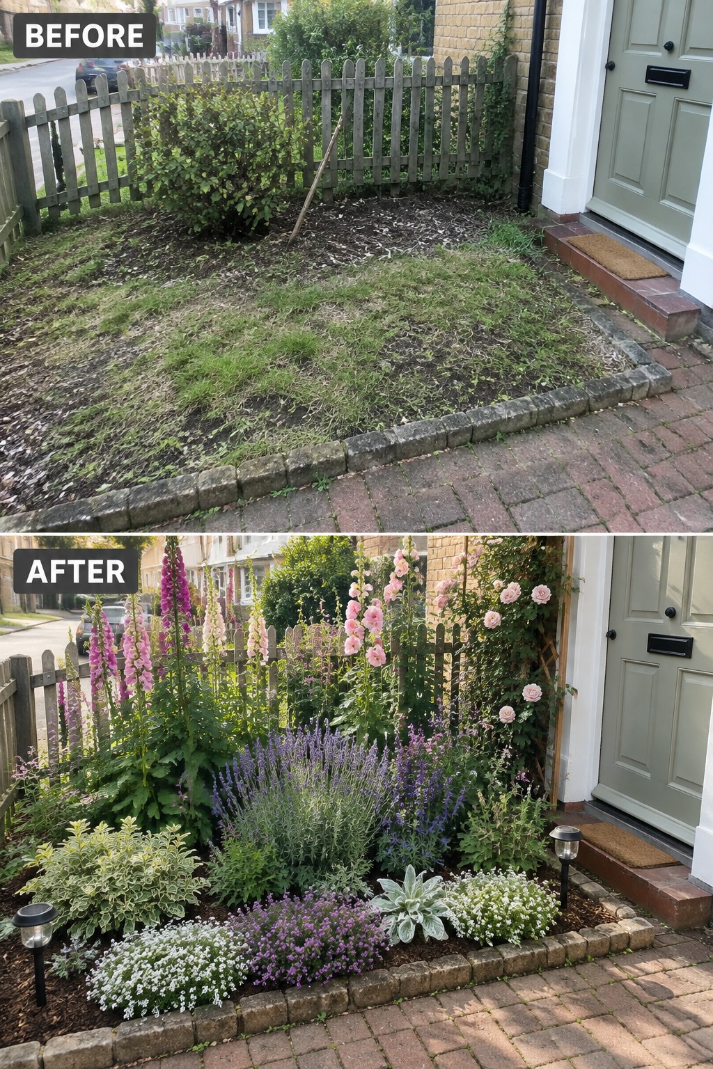Before-and-after image of an overgrown front garden changed into structured beds with layered flowers, shrubs, and clean edging.