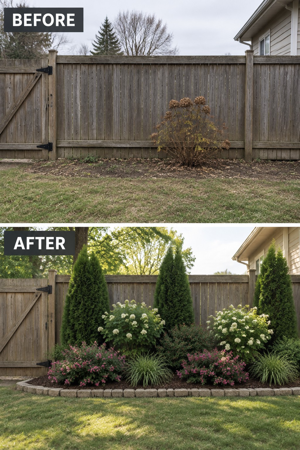 Before and after view of wooden fence with bare yard transformed into colorful garden bed.