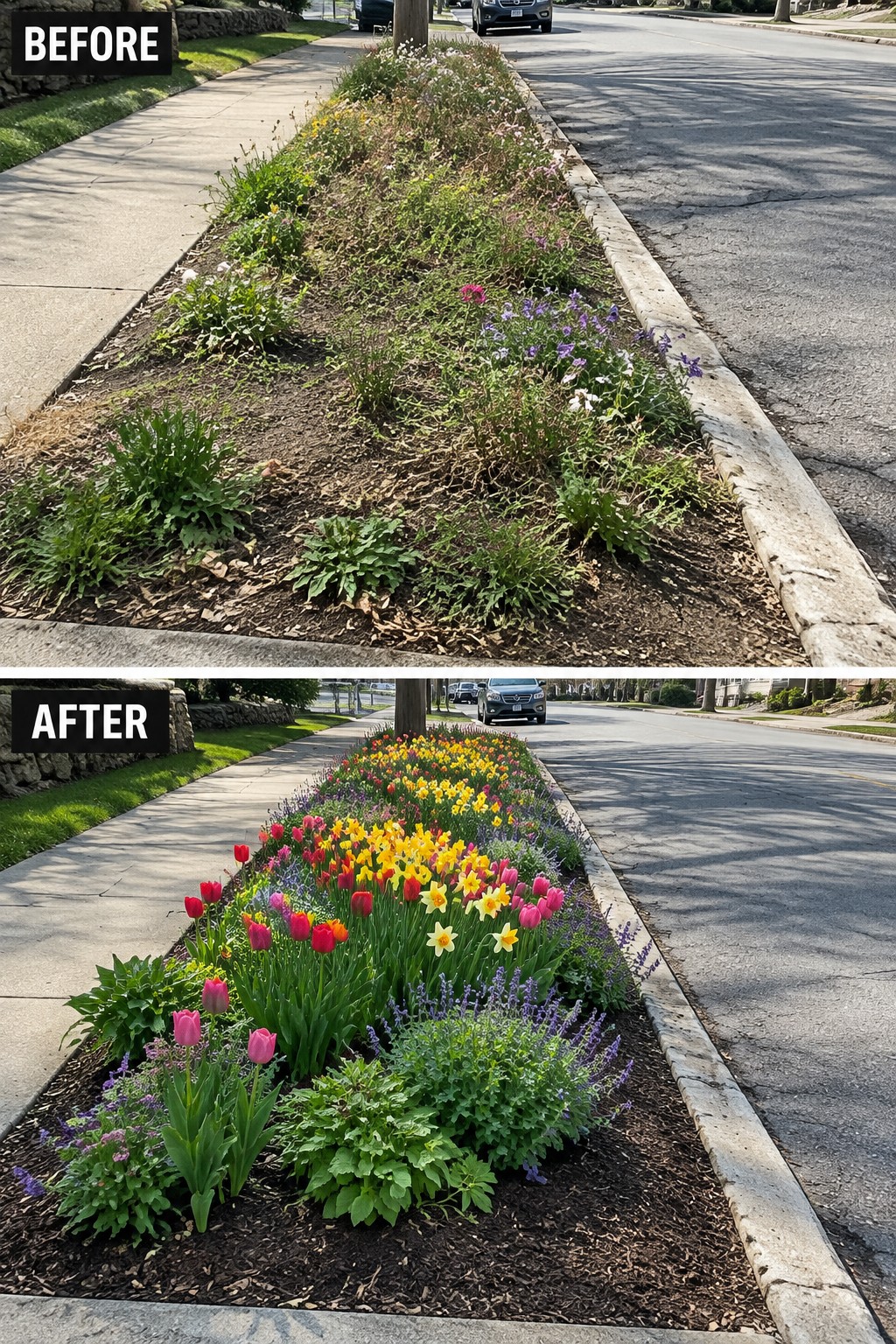 Before-and-after view of weedy roadside strip transformed into colorful tulip flower garden.