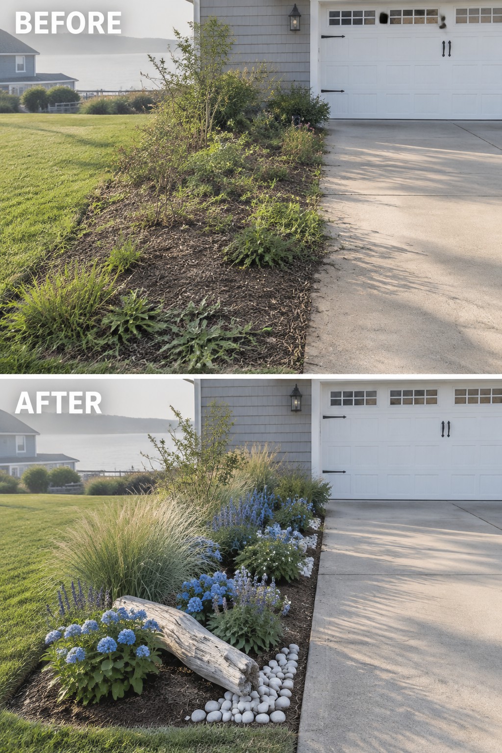 Before-and-after image of an overgrown flower bed along a driveway transformed into a structured planting with blue flowers, grasses, a driftwood log, and pebble edging.