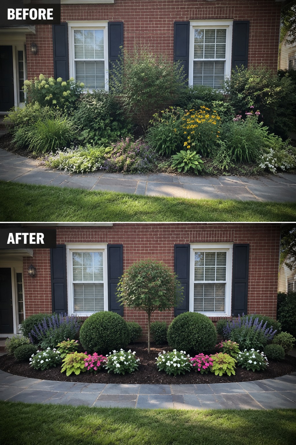 Before-and-after brick house garden: overgrown plants replaced by trimmed shrubs, flowers, and small tree.