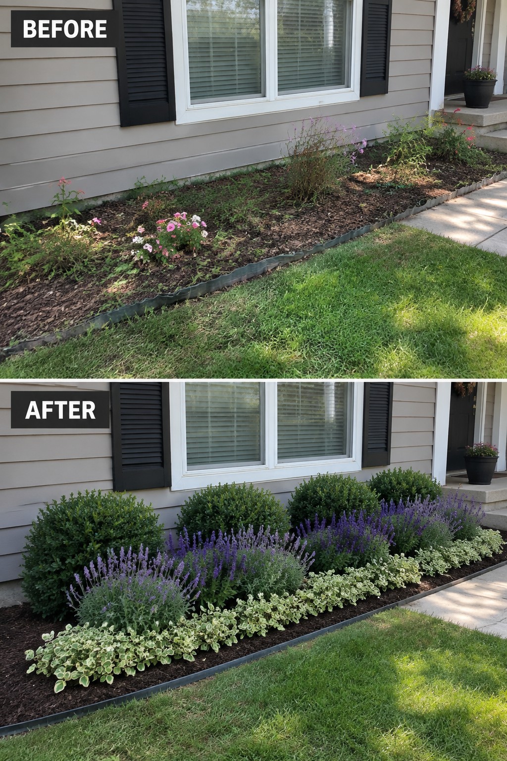 Before-and-after image of a messy flower bed changed into a structured garden border with shrubs, lavender, and ground cover plants.