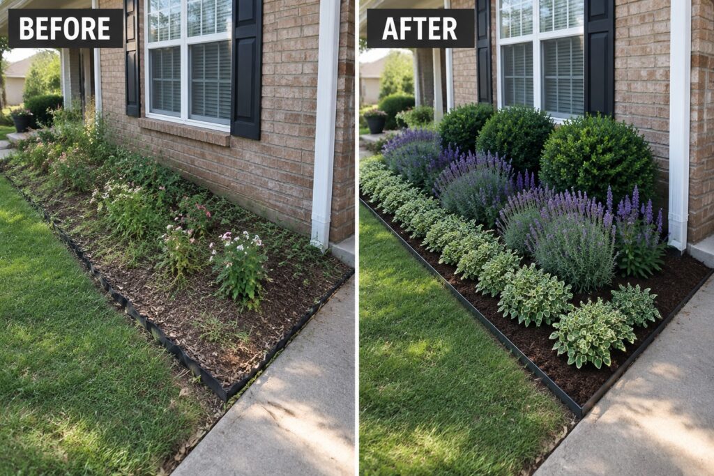 Before-and-after image of a messy flower bed changed into a structured garden border with shrubs, lavender, and ground cover plants.