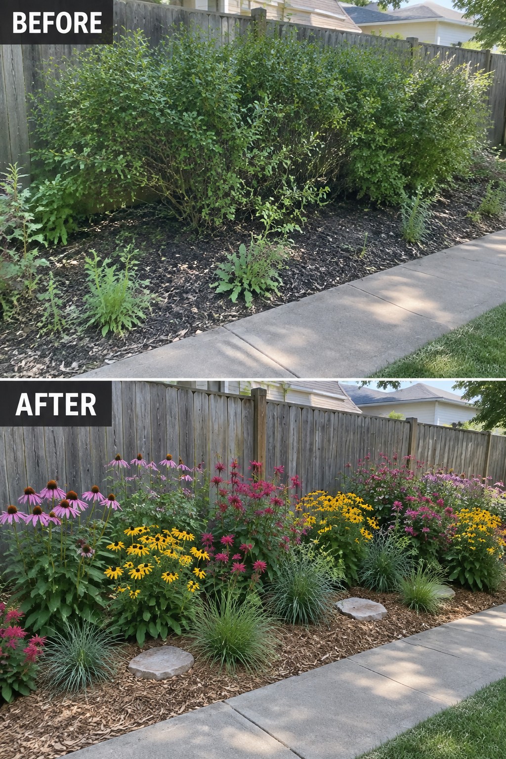 Before-and-after image of an overgrown flower bed transformed into a structured garden border with colorful perennials, grasses, mulch, and stepping stones.