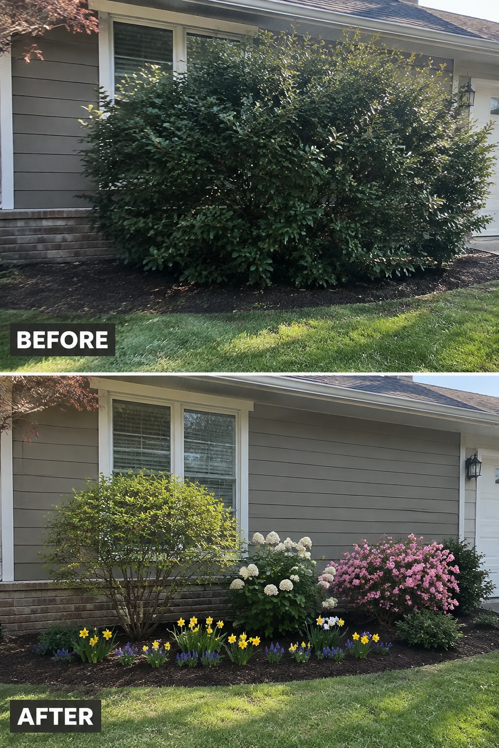 Before and after house landscaping with colorful flowers replacing large bush.