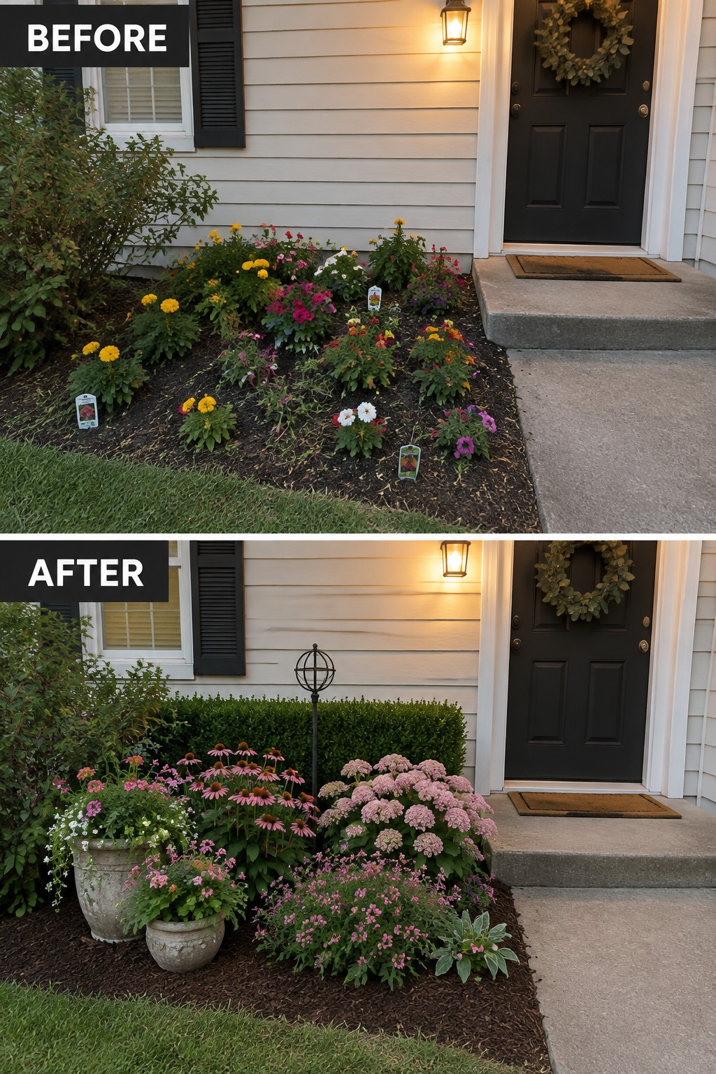 Before-and-after image of a front entry flower bed changed from scattered individual plants to a structured layout with stone containers, layered perennials, and a low hedge.