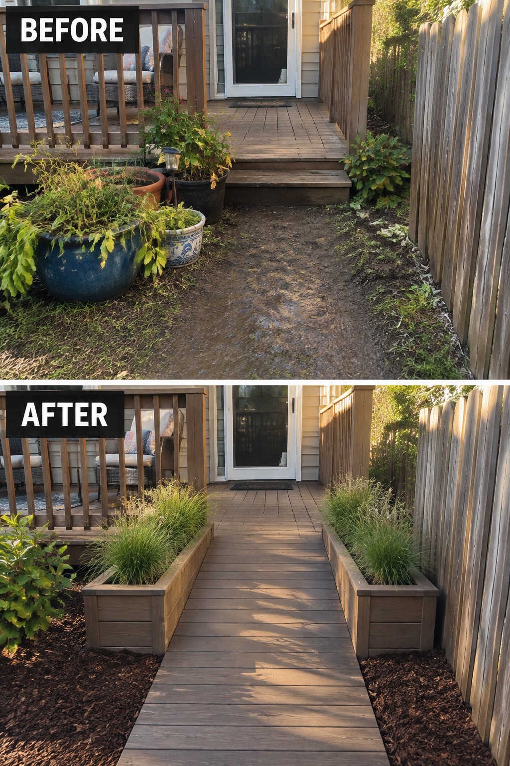 Before-and-after image of a muddy backyard path changed into a wooden walkway lined with raised planters and fresh mulch.