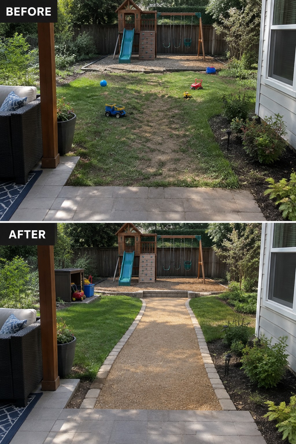 Before and after backyard with new gravel path to playground set