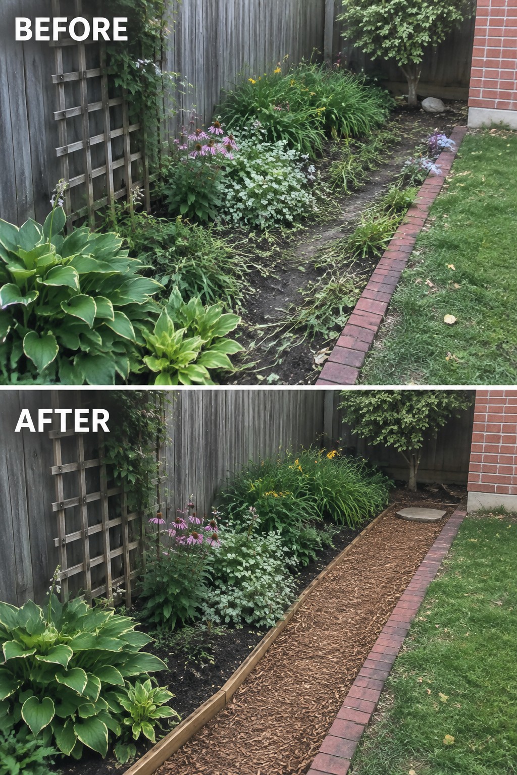 Before-and-after garden bed transformed with mulch, edging and tidy plants