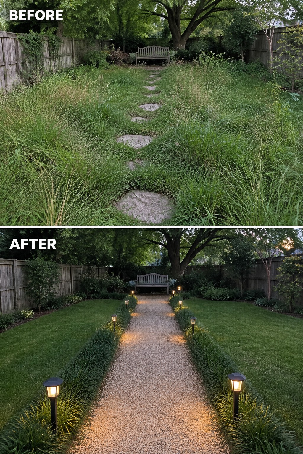 Before and after of overgrown stone path transformed into lit gravel walkway with bench.